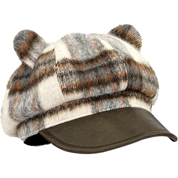 Cute Cat Ear Hat Womens Newsboy Cap Plaid Beret Hat Warm Winter Cabbie Paperboy Hats Vintage Octagonal Cap 2025
