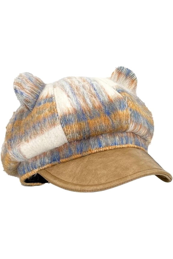 Cute Cat Ear Hat Womens Newsboy Cap Plaid Beret Hat Warm Winter Cabbie Paperboy Hats Vintage Octagonal Cap 2025