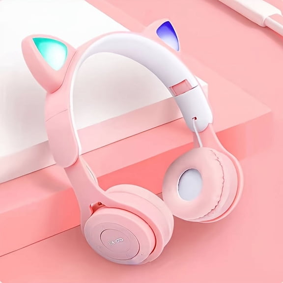 Cute Cat Ear Headphones Wireless Kawaii Cat Ear Headphones | Gradient LED, Foldable & Lightweight, Cute Pink Design with Rainbow Lights | Ideal for Tablet/PC/TV/Phone, Perfect Birthday or Travel Gift