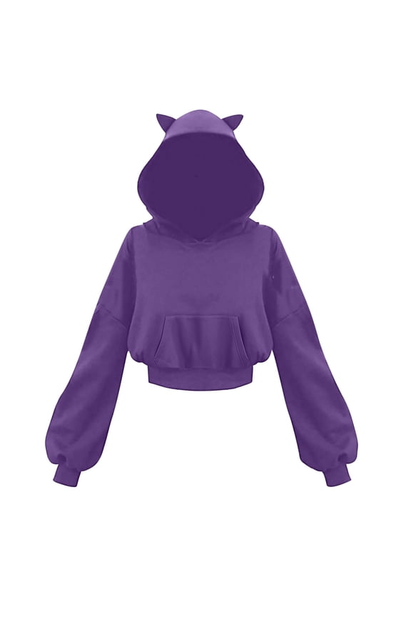 Cute Cat Ear Hoodie for Women Cropped Pullover Sweatshirt with Long Sleeves and Kangaroo Pocket, Wine Red
