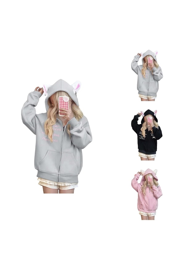 Cute Cat Ear Hoodies for Women 2025 Fall Winter Long Sleeve Zip Up Hooded Sweatshirt with Pockets Y2K Jackets Coat