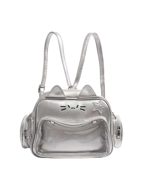 Cute Cat Ear Ita Backpack Bag, Women PU Clear Window Display Backpack, Kawaii Cartoon Cat Face Small Daypack for Cosplay Daily Travel
