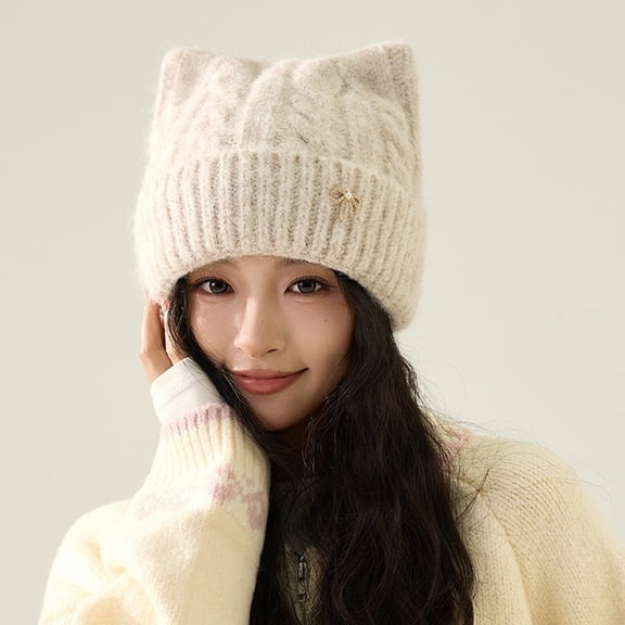Cute Cat Ear Knit Hat Women Winter Thick Warm Beanie Bow Earflap Knitted Cap