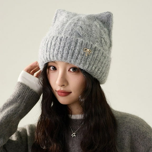 Cute Cat Ear Knit Hat Women Winter Thick Warm Beanie Bow Earflap Knitted Cap