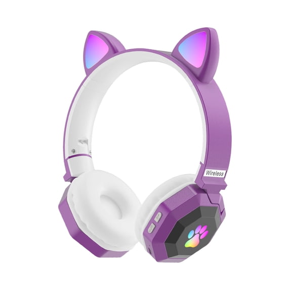 Cute Cat Ear Over‑Ear Bluetooth Headphones, Bluetooth 5.0, LED Glow Light, 7.1 Surround Sound, Foldable Stretchable, Comfort Wear, Long Battery, FM Card Support, Kids Adult Gift Headset