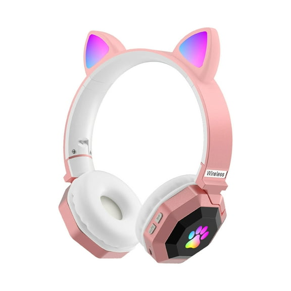 Cute Cat Ear Over‑Ear Bluetooth Headphones, Bluetooth 5.0, LED Glow Light, 7.1 Surround Sound, Foldable Stretchable, Comfort Wear, Long Battery, FM Card Support, Kids Adult Gift Headset
