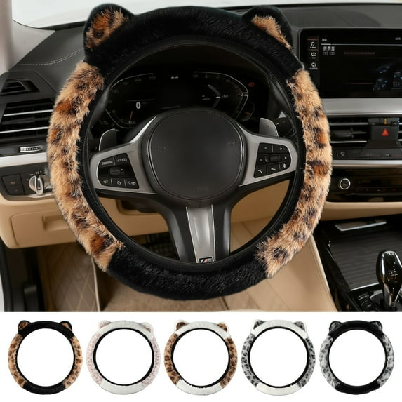Cute Cat Ear Plush Steering Wheel Cover for Winter – Soft Fuzzy Elastic Fit Without Inner Ring, Fits 13.3–15.3in, Leopard Print & Solid Color, Universal Car Interior Accessory