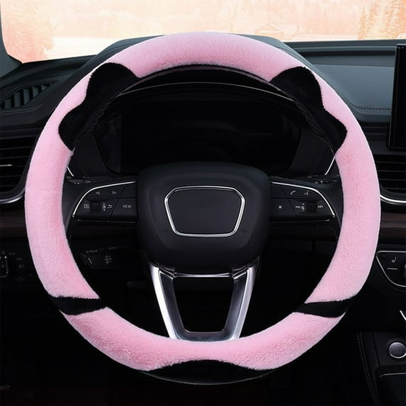 Cute Cat Ear Steering Wheel Cover Winter Warm Plush, Soft Non-Slip Grip Handle Protector, Fuzzy Cartoon Style Wheel Cover for Women Girls Car Accessories and Interior Decor