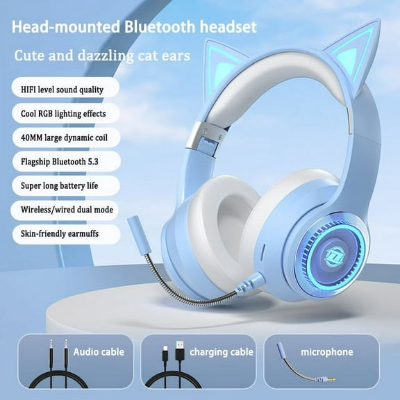 Cute Cat Ears Headphones Wired Wireless Bluetooth RGB Lighting High Performance Headset with Mic Hifi Stereo Music Gamer Earbuds