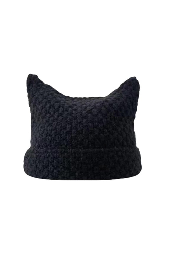 Knit Beanie with Cat Ear Design, Japanese Style, Striped Pattern for Autumn Winter
