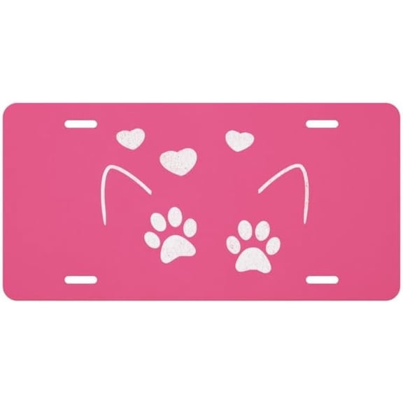 Cute Cat Ears & Paws Vanity Plate Pink Aluminum Front License Tag for Cat Lovers Vanity license plate