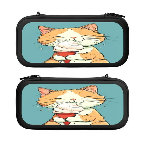 Cute Cat Eating (2), Carrying Case For Nintendo Switch & OLED Version, Eva Lightweight Shockproof Protective Pouch Case for Game Console & Accessories with 10 Game Card Slot & Wristband, Black