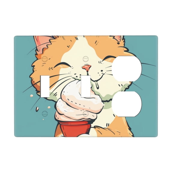 Cute Cat Eating (2) Switch Cover Decorative Wall Plate 3-Gang 2-Toggle 1-Duplex Standard Size