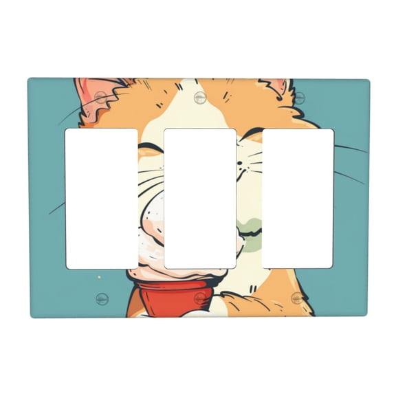 Cute Cat Eating (2) Switch Cover Decorative Wall Plate 3-Gang Standard Size