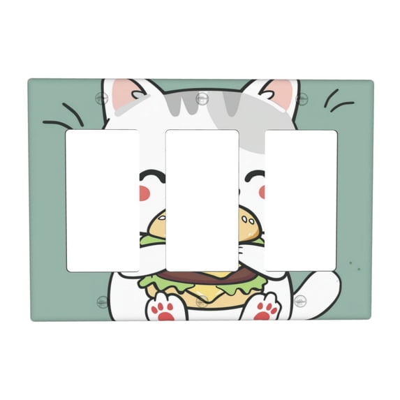 Cute Cat Eating Switch Cover Decorative Wall Plate 3-Gang Standard Size
