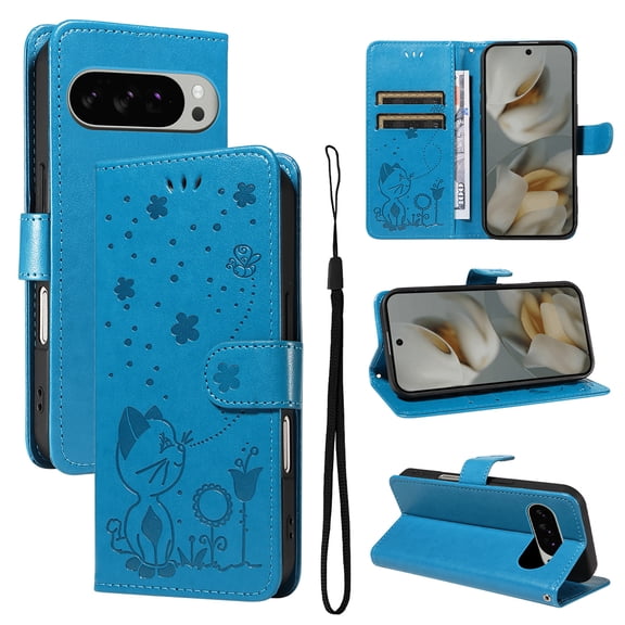 Cute Cat Embossed Pattern PU Leather Wallet Phone Case for Google Pixel 10 /10 Pro,Magnetic Closure Shockproof Flip Kickstand RFID Blocking Credit Card Slots Cash Pocket Slim Case,Blue