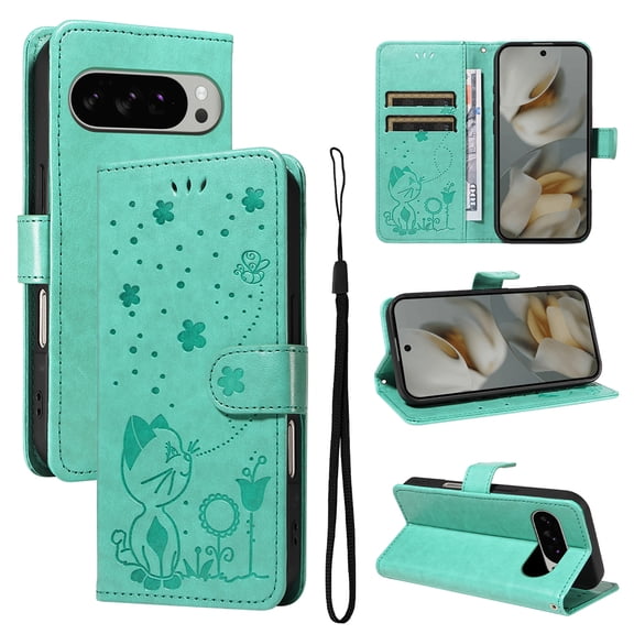 Cute Cat Embossed Pattern PU Leather Wallet Phone Case for Google Pixel 9 / 9 Pro,Magnetic Closure Shockproof Flip Kickstand RFID Blocking Credit Card Slots Cash Pocket Slim Case,Green