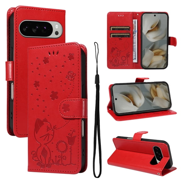 Cute Cat Embossed Pattern PU Leather Wallet Phone Case for Google Pixel 9 / 9 Pro,Magnetic Closure Shockproof Flip Kickstand RFID Blocking Credit Card Slots Cash Pocket Slim Case,Red