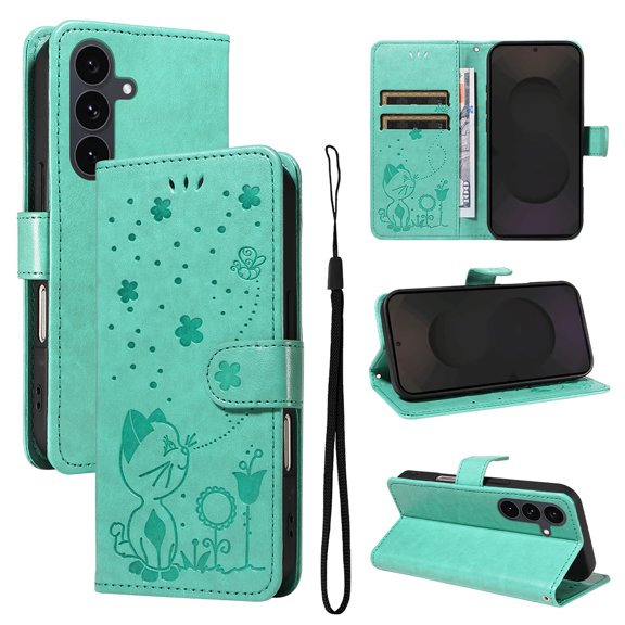 Cute Cat Embossed Pattern PU Leather Wallet Phone Case for Samsung Galaxy S24,Magnetic Closure Shockproof Flip Kickstand RFID Blocking Credit Card Slots Cash Pocket Slim Case,Green