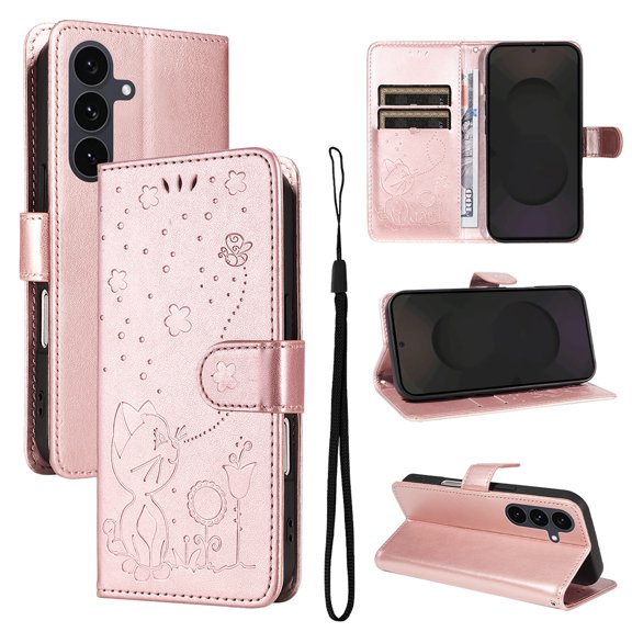 Cute Cat Embossed Pattern PU Leather Wallet Phone Case for Samsung Galaxy S24+,Magnetic Closure Shockproof Flip Kickstand RFID Blocking Credit Card Slots Cash Pocket Slim Case,Rosegold
