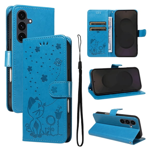Cute Cat Embossed Pattern PU Leather Wallet Phone Case for Samsung Galaxy S25,Magnetic Closure Shockproof Flip Kickstand RFID Blocking Credit Card Slots Cash Pocket Slim Case,Blue