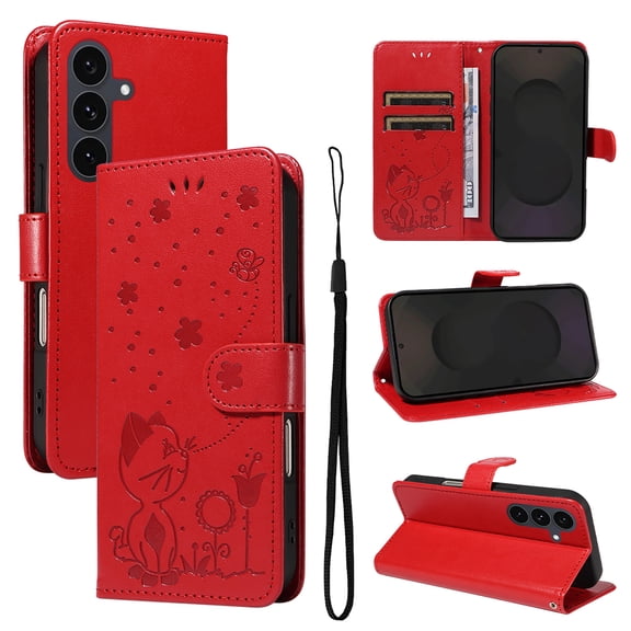 Cute Cat Embossed Pattern PU Leather Wallet Phone Case for Samsung Galaxy S25+,Magnetic Closure Shockproof Flip Kickstand RFID Blocking Credit Card Slots Cash Pocket Slim Case,Red