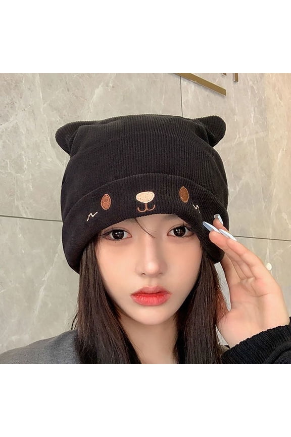 Cute Cat Embroidered Knitted Hat Outdoor Warm Ear Protection Cat Ears Wool Cap Over Head Cold Cap Street Beanies Cap Penny Cap
