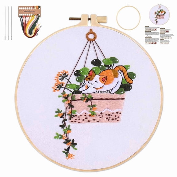 Cute Cat Embroidery Kit for Beginners, Embroidery Practice Kit, Stamped Cross Stitch for Embroidery Starters, Craft Lover DIY Embroidery Set (C)