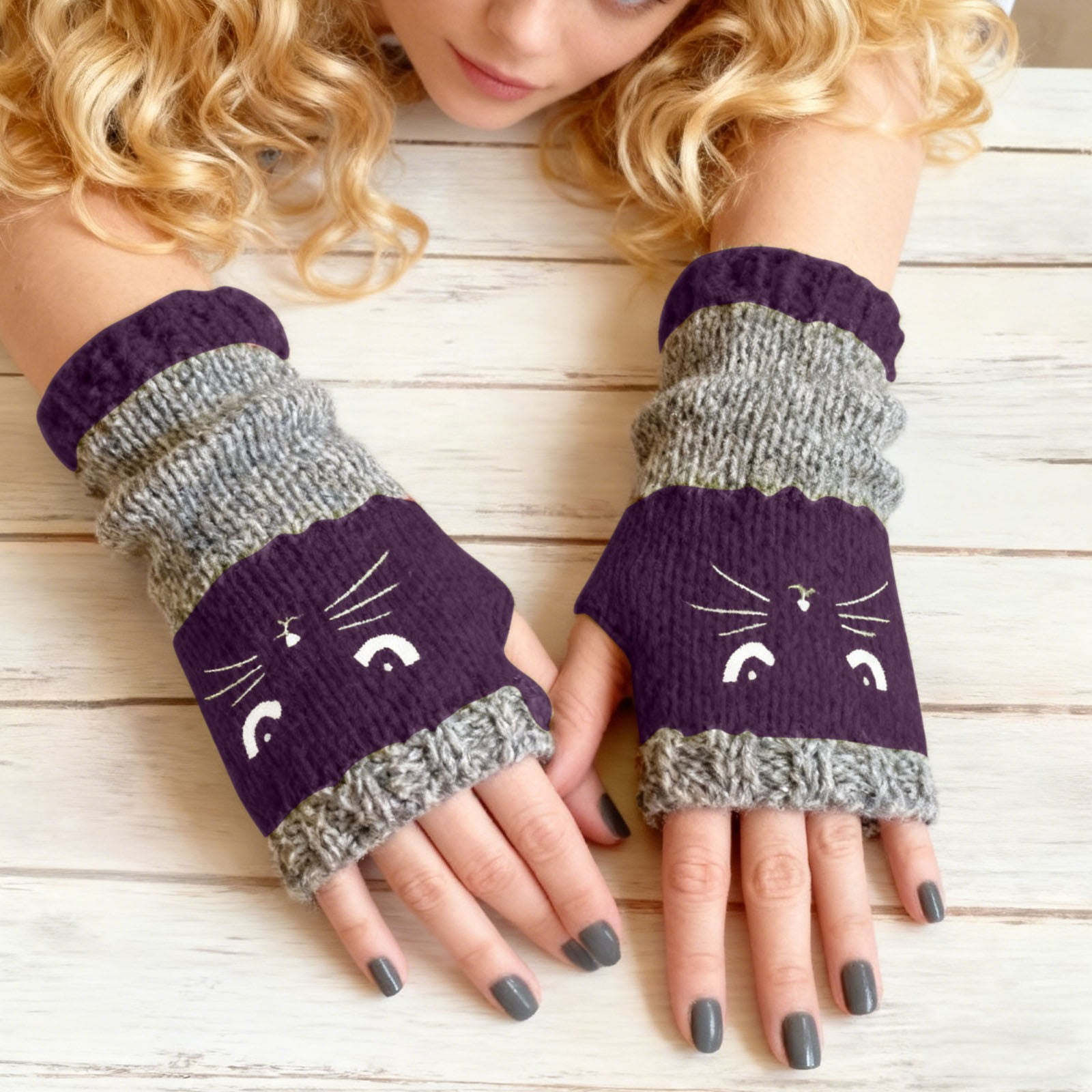 Baby Winter Knit Gloves – Cute Cat Face Design (Grey & Cream)