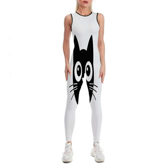 Cute Cat Face Design Women's One Piece Yoga Jumpsuits Leggings Playsuit Gym Suit Fitness Running Athletic Clothes Gym Wear Set