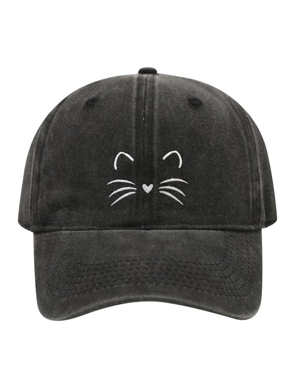 Cute Cat Face Embroidered Washed Cotton Baseball Cap, Adjustable Unstructured Adult Casual Dad Hat, Animal Graphic Outdoor Sun Hat for Daily Wear