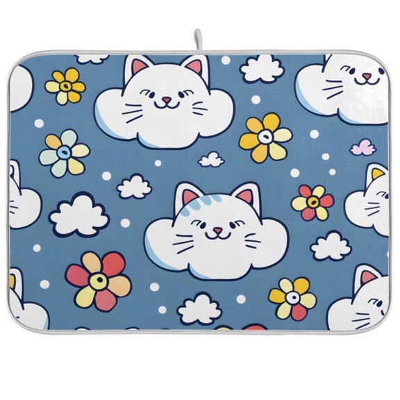 Cute Cat Face Flower Dish Drying Mats Kitchen Mat Microfiber Counter Absorbent Dish Pad Drainer Rack 18"x24"