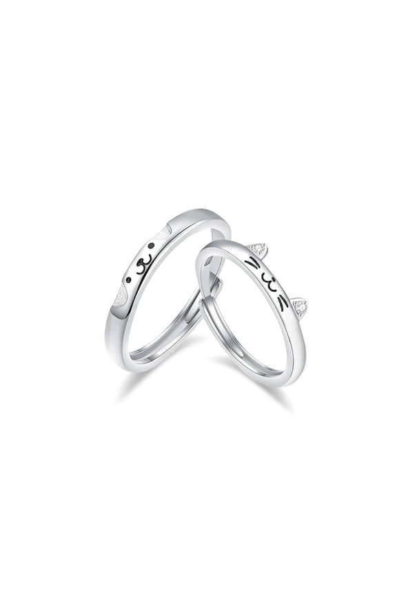 Cute Cat Face Matching Couple Rings Set, Open Adjustable Silver Promise Bands, Cartoon Kitten Cubic Zirconia Wedding Jewelry for Men Women