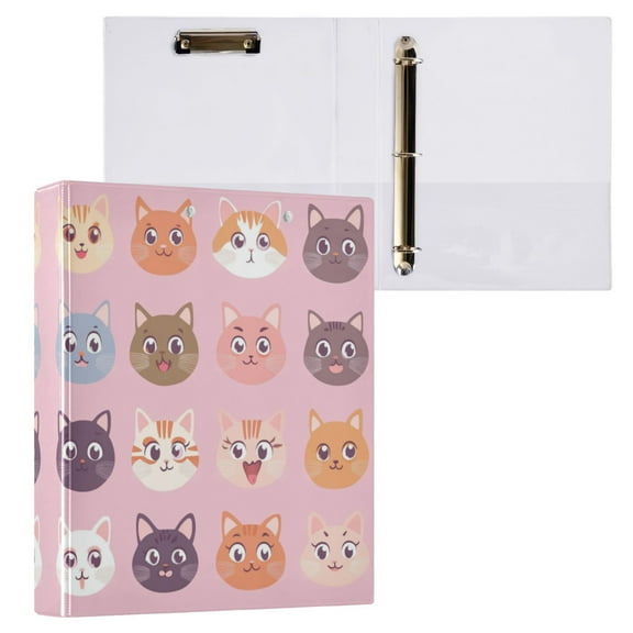 Cute Cat Face Pattern 3 Ring Hardcover Binders 1.5in Round Rings for Letter-Size Folder Paper Organizer Pockets for Office Student Recipe