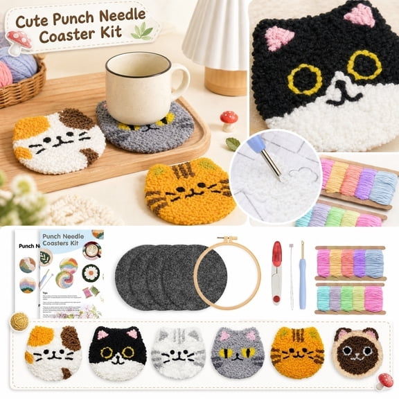 Cute Cat Face Punch Needle Coaster Set, DIY Craft Kit with Tools & Pre-Cut Fabric, Handmade Coasters for Home & Gifts (A)