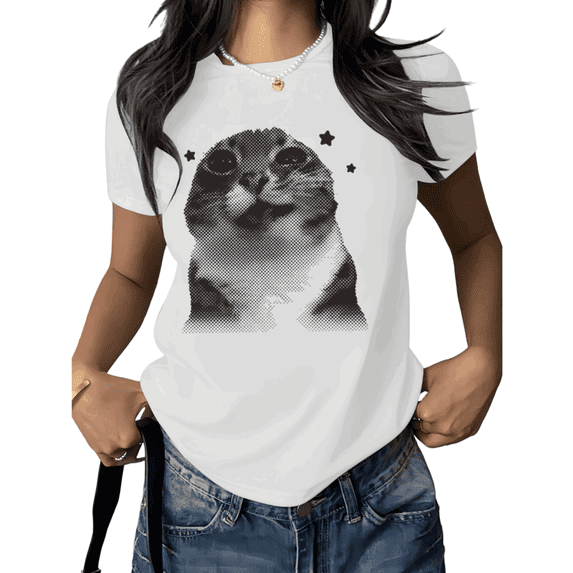 Cute Cat Face Shirt Print Tshirt Graphic Tees Shirts White Women Funny Cat Meme Adorable Expression Casual Summer Soft Cotton Tee Size S-5XL Tops