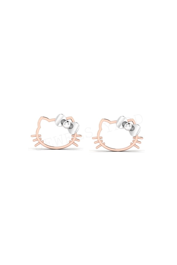 Cute Cat Face Stud Earring 925 Sterling Silver Rose & White Two Tone Gold Plated -Perfect Gift For Your Women