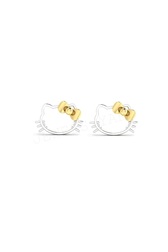 Cute Cat Face Stud Earring 925 Sterling Silver White & Yellow Two Tone Gold Plated -Perfect Gift For Your Women