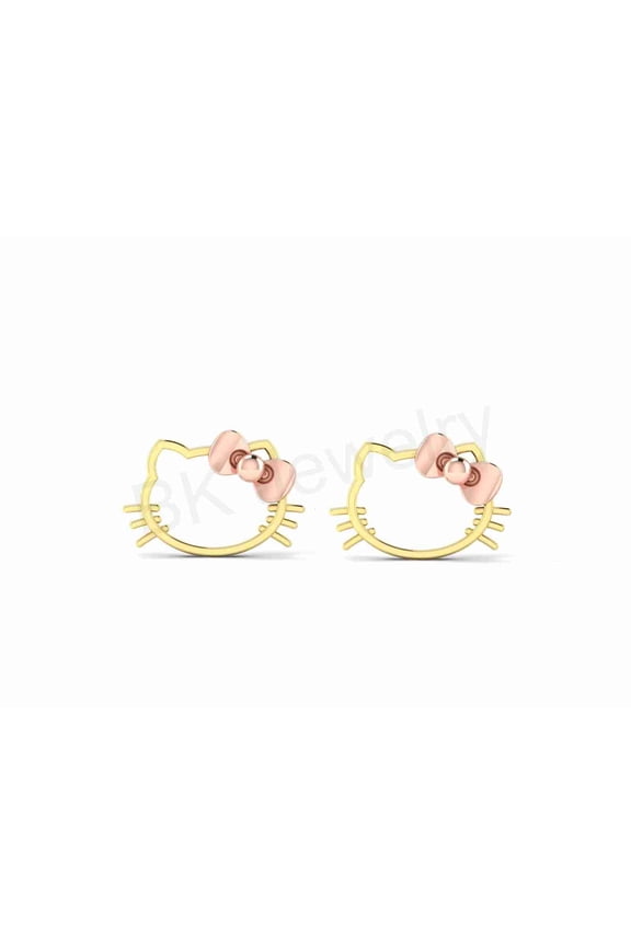 Cute Cat Face Stud Earring 925 Sterling Silver Yellow & Rose Two Tone Gold Plated -Perfect Gift For Your Women