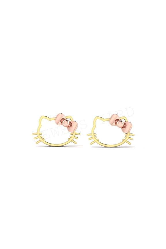 Cute Cat Face Stud Earring 925 Sterling Silver Yellow & Rose Two Tone Gold Plated -Perfect Gift For Your Women