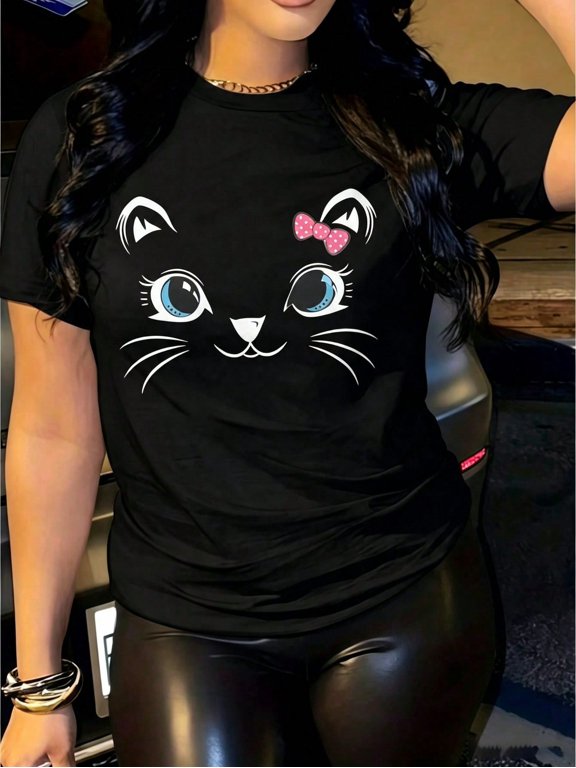 Cute Cat Face T-Shirt Women Kawaii Kitten With Bow Tee