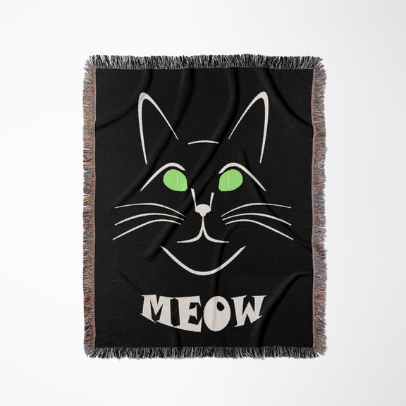 Cute Cat Face White Line Art Meow Quote, Woven Blanket