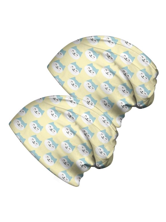 Cute Cat Face Yellow Pattern 2 Pack Slouchy Beanie Hat, Sleep Head Cover with Stretchy Fabric & Soft Texture, Heat Retaining Gifts for Birthday Christmas Thanksgiving