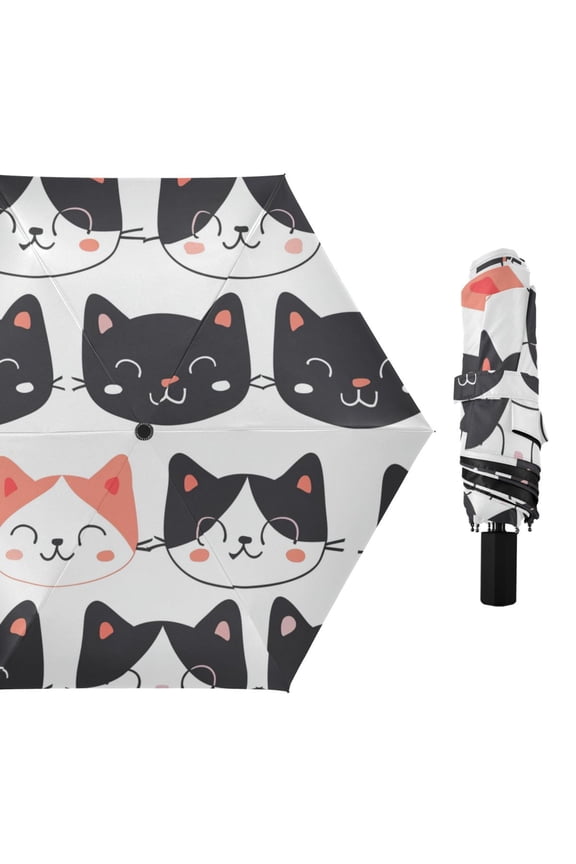 Cute Cat Faces All Weather Umbrella Triple Folding Parasol 6 Ribs UV Protection Portable