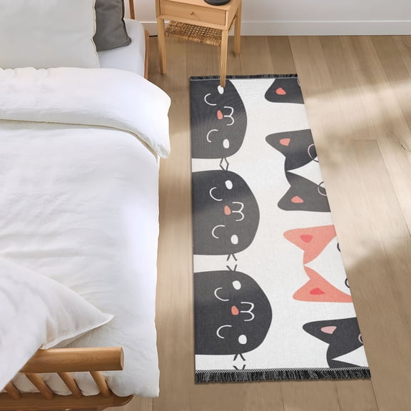 Cute Cat Faces Bedside Runner Rug 2'x 6' Non Slip Carpet Floor Mat Area Rug