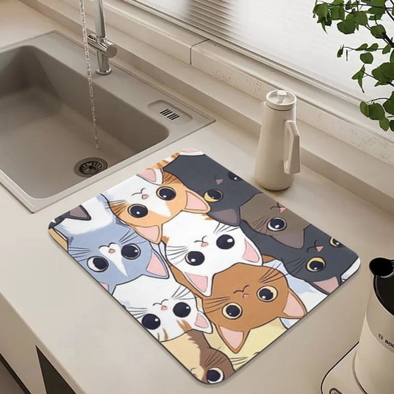 Cute Cat Faces Pattern Dish Drying Mat for Kitchen Counter Absorbent Drainer Mats (15.7X11.8Inch)