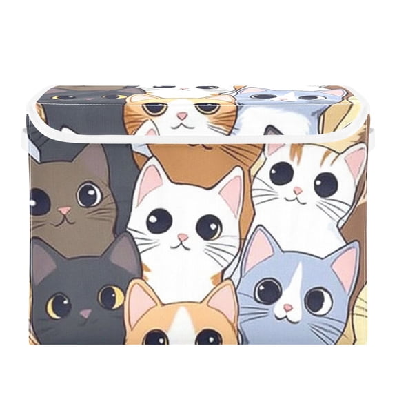 Cute Cat Faces Pattern Large Storage Bins with Linen Collapsible Lid Storage Box 16.7 x 12.6 x 11.8in