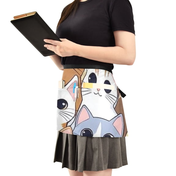 Cute Cat Faces Pattern Server Apron with 3 Pockets Waist Apron for Waiter Waitress