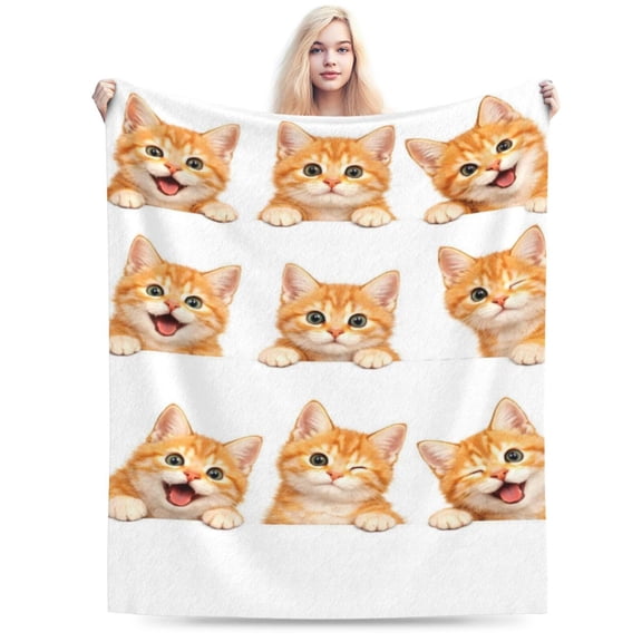 Cute Cat Faces Throw Blanket, Funny Cat Expression Art Fleece Blanket, Soft Cozy Decorative Blanket for Sofa Bed Couch, Adult Home Decor 50x40