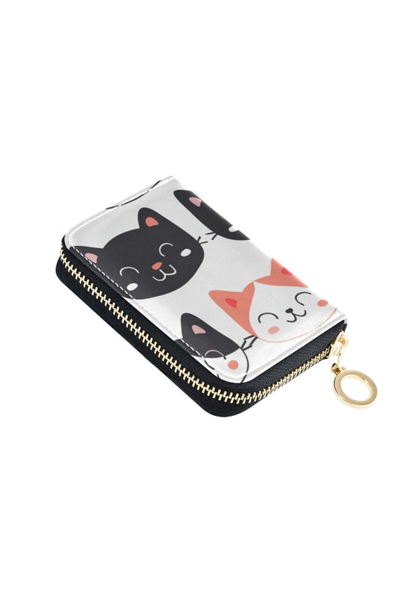 Cute Cat Faces Women's Credit Card Holder PU Leather Zipper Wallet RFID Blocking